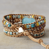 Bracelet Cuir Enroulé 3 Brins en forme de cœur en Amazonite