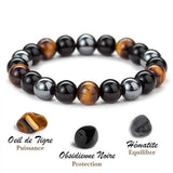 bracelet triple Protection oeil de tigre, hematite et obsidienne noire) - Zen Corner