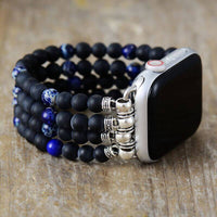 Bracelet Apple Watch 4 Bandes Elastiques en Onyx Noir, Hématite, Pierre de Lave