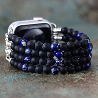 Bracelet Apple Watch 4 Bandes Elastiques en Onyx Noir, Hématite, Pierre de Lave