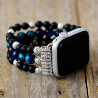 Bracelet Apple Watch 3 Bandes Elastique en Œil de Tigre et Onyx Noir (38-41mm)