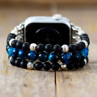 Bracelet Apple Watch 3 Bandes Elastique en Œil de Tigre et Onyx Noir (38-41mm)