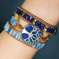 Bracelet Cuir Enroulé 3 Brins Arbre de Vie en Lapis Lazuli