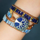 Bracelet Cuir Enroulé 3 Brins Arbre de Vie en Lapis Lazuli