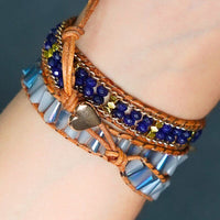 Bracelet Cuir Enroulé 3 Brins Arbre de Vie en Lapis Lazuli