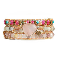 Bracelet Cuir Enroulé 3 Brins en perles de Quartz Rose, d'Amazonite et Tourmaline