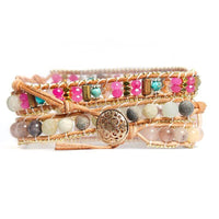 Bracelet Cuir Enroulé 3 Brins en perles de Quartz Rose, d'Amazonite et Tourmaline