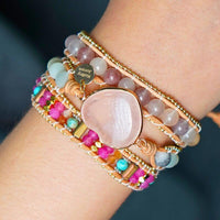 Bracelet Cuir Enroulé 3 Brins en perles de Quartz Rose, d'Amazonite et Tourmaline