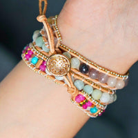 Bracelet Cuir Enroulé 3 Brins en perles de Quartz Rose, d'Amazonite et Tourmaline