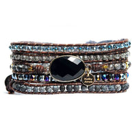 Bracelet Cuir Enroulé 5 Brins en Onyx Noir