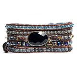 Bracelet Cuir Enroulé 5 Brins en Onyx Noir