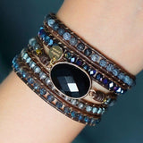 Bracelet Cuir Enroulé 5 Brins en Onyx Noir
