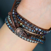 Bracelet Cuir Enroulé 5 Brins en Onyx Noir