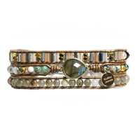 Bracelet Cuir Enroulé 3 Brins avec Strass en Labradorite ou Onyx