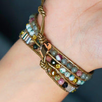 Bracelet Cuir Enroulé 3 Brins avec Strass en Labradorite ou Onyx