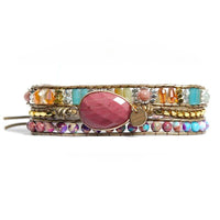 Bracelet Cuir Enroulé 3 Brins en Rhodonite et Jaspe