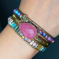 Bracelet Cuir Enroulé 3 Brins en Rhodonite et Jaspe