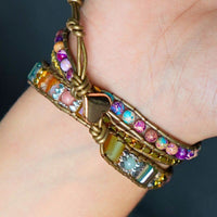 Bracelet Cuir Enroulé 3 Brins en Rhodonite et Jaspe