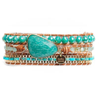 Bracelet Cuir Enroulé 3 Brins en Jaspe et Amazonite