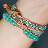 Bracelet Cuir Enroulé 3 Brins en Jaspe et Amazonite