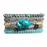 Bracelet Cuir Enroulé 5 Brins en Turquoise, Jaspe et Cristal