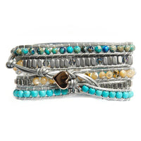 Bracelet Cuir Enroulé 5 Brins en Turquoise, Jaspe et Cristal