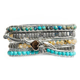 Bracelet Cuir Enroulé 5 Brins en Turquoise, Jaspe et Cristal