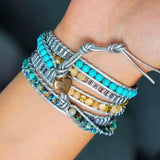Bracelet Cuir Enroulé 5 Brins en Turquoise, Jaspe et Cristal