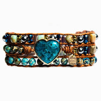 Bracelet Cuir Enroulé 3 Brins en forme de cœur en Apatite