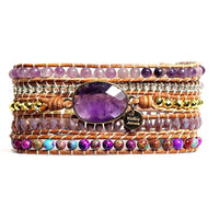 Bracelet Cuir Enroulé 5 Brins en Améthyste et Jaspe