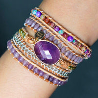 Bracelet Cuir Enroulé 5 Brins en Améthyste et Jaspe