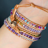 Bracelet Cuir Enroulé 5 Brins en Améthyste et Jaspe