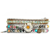 Bracelet Cuir Enroulé 3 Brins Marguerite en Quartz et Jade