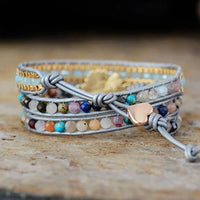 Bracelet Cuir Enroulé 3 Brins Marguerite en Quartz et Jade