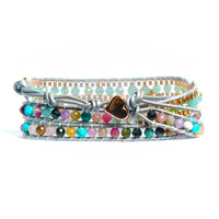 Bracelet Cuir Enroulé 3 Brins Marguerite en Quartz et Jade