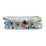 Bracelet Cuir Enroulé 3 Brins Marguerite en Quartz et Jade