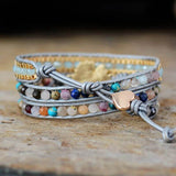 Bracelet Cuir Enroulé 3 Brins Marguerite en Quartz et Jade