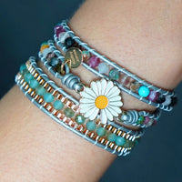 Bracelet Cuir Enroulé 3 Brins Marguerite en Quartz et Jade
