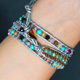 Bracelet Cuir Enroulé 3 Brins Marguerite en Quartz et Jade