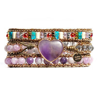 Bracelet Cuir Enroulé 3 Brins en forme de cœur en Japse et Améthyste