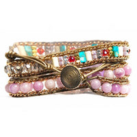 Bracelet Cuir Enroulé 3 Brins en forme de cœur en Japse et Améthyste