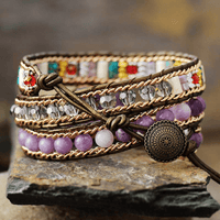 Bracelet Cuir Enroulé 3 Brins en forme de cœur en Japse et Améthyste