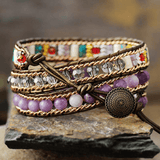 Bracelet Cuir Enroulé 3 Brins en forme de cœur en Japse et Améthyste
