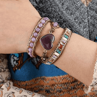 Bracelet Cuir Enroulé 3 Brins en forme de cœur en Japse et Améthyste