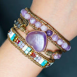 Bracelet Cuir Enroulé 3 Brins en forme de cœur en Japse et Améthyste