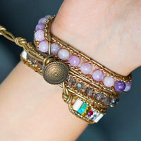 Bracelet Cuir Enroulé 3 Brins en forme de cœur en Japse et Améthyste