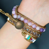 Bracelet Cuir Enroulé 3 Brins en forme de cœur en Japse et Améthyste