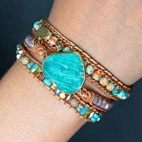 Bracelet Cuir Enroulé 3 Brins en forme de cœur en Amazonite