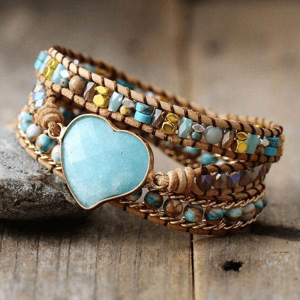 Bracelet Cuir Enroulé 3 Brins en forme de cœur en Amazonite