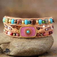 Bracelet Cuir Enroulé 3 Brins en Jaspe et Rhodonite
